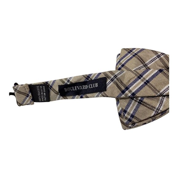 BOULEVARD CLUB Beige Plaids & Checks Silk Bow Tie 2.2" EC - Picture 3 of 5
